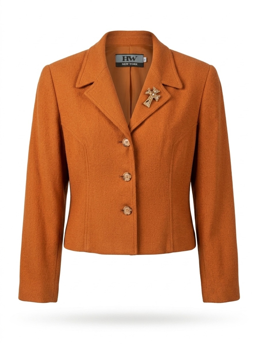 Vintage HW New York Cropped Blazer Jacket Wool Rust Orange Cross Brooch USA  14